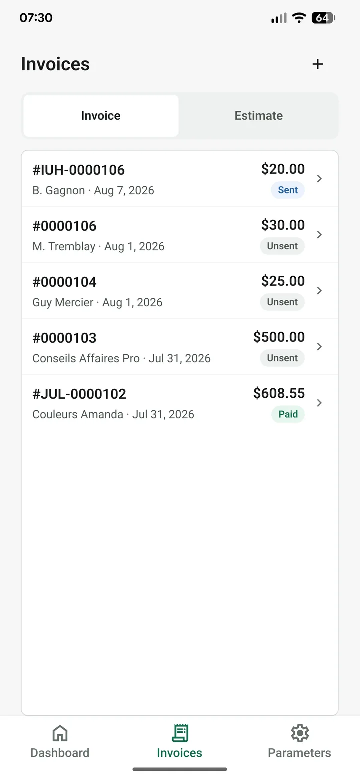 Just Invoice mobile app showing an organized list of invoices